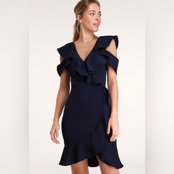 Lulus NWT Elliana Ruffled Bodycon Dress in Navy Small - Picture 1 of 7